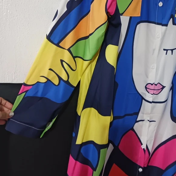 Women faces collage printed multicolor buttoned maxi dress - Picture 6 of 13